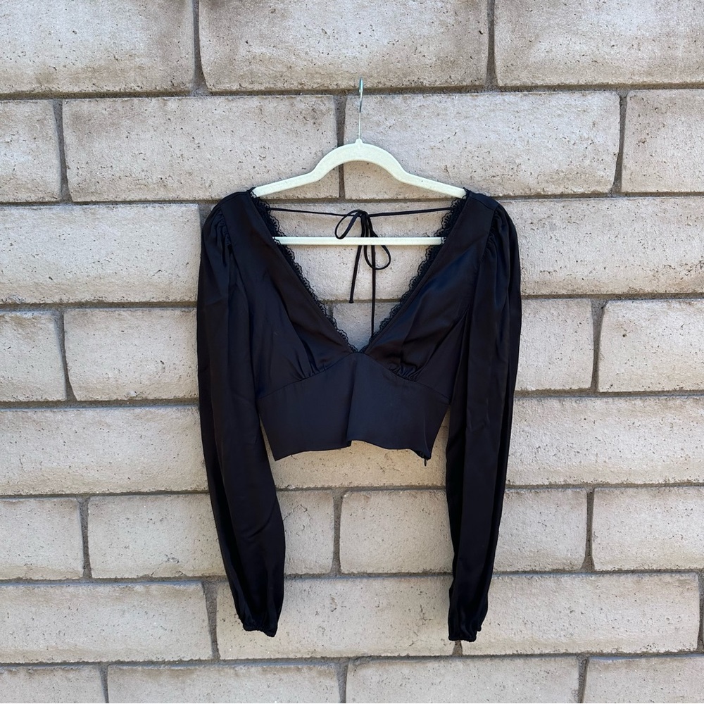 Zara Black Long Sleeve V-Neck Blouse